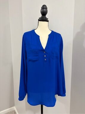 Express Royal Blue Long Sleeve Henley Blouse